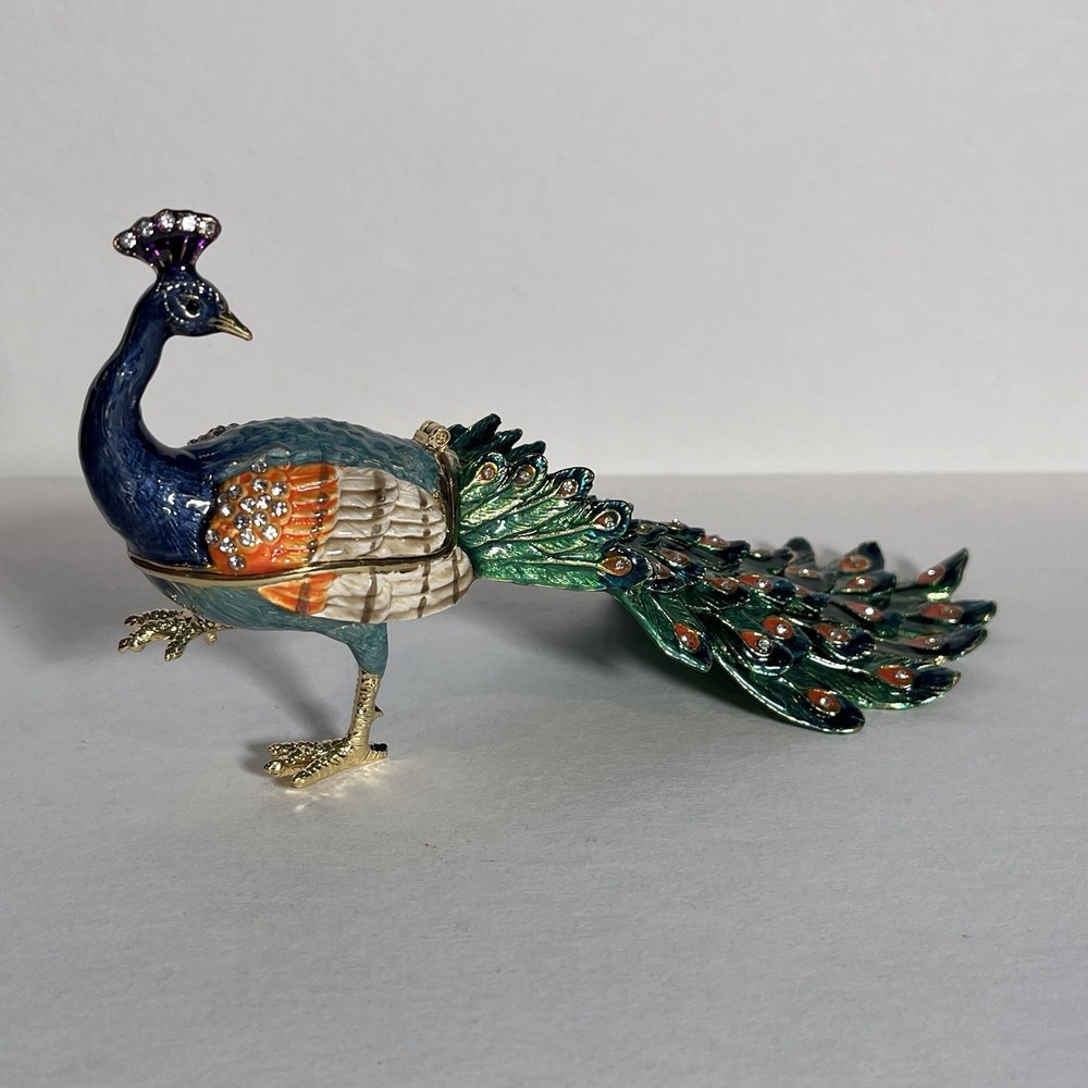 Peacock Enameled Metal Hinged Trinket Box w/ Austrian Crystals Figurine
